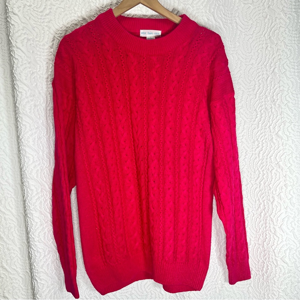 VINTAGE Fuchsia Pink Cable Knit Crewneck Sweater Chunky Cozy L One Two One